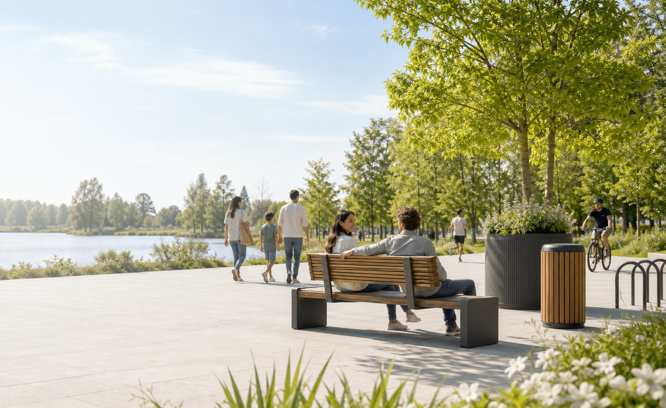 Bright public park furnished with seating, planter and waste bin